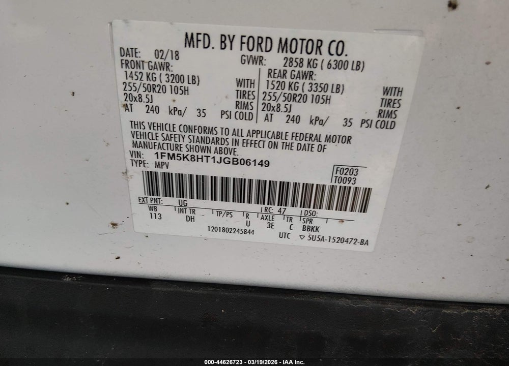 2018 FORD EXPLORER PLATINUM VIN: 1FM5K8HT1JGB06149