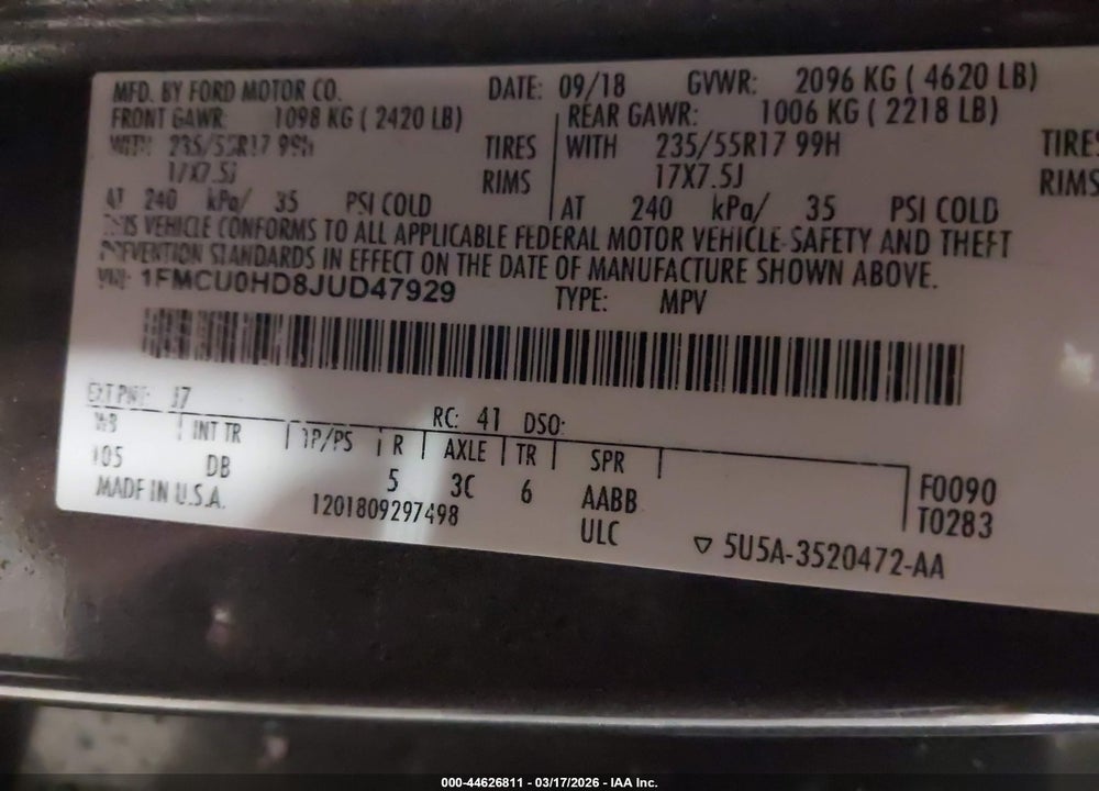 2018 FORD ESCAPE SEL VIN: 1FMCU0HD8JUD47929