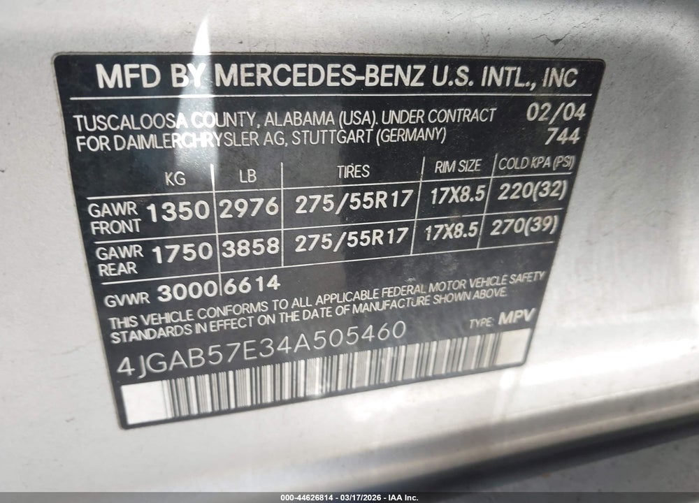 2004 MERCEDES-BENZ ML 350 4MATIC VIN: 4JGAB57E34A505460