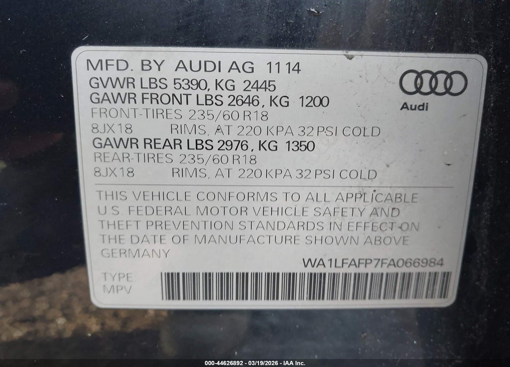 2015 AUDI Q5 2.0T PREMIUM VIN: WA1LFAFP7FA066984