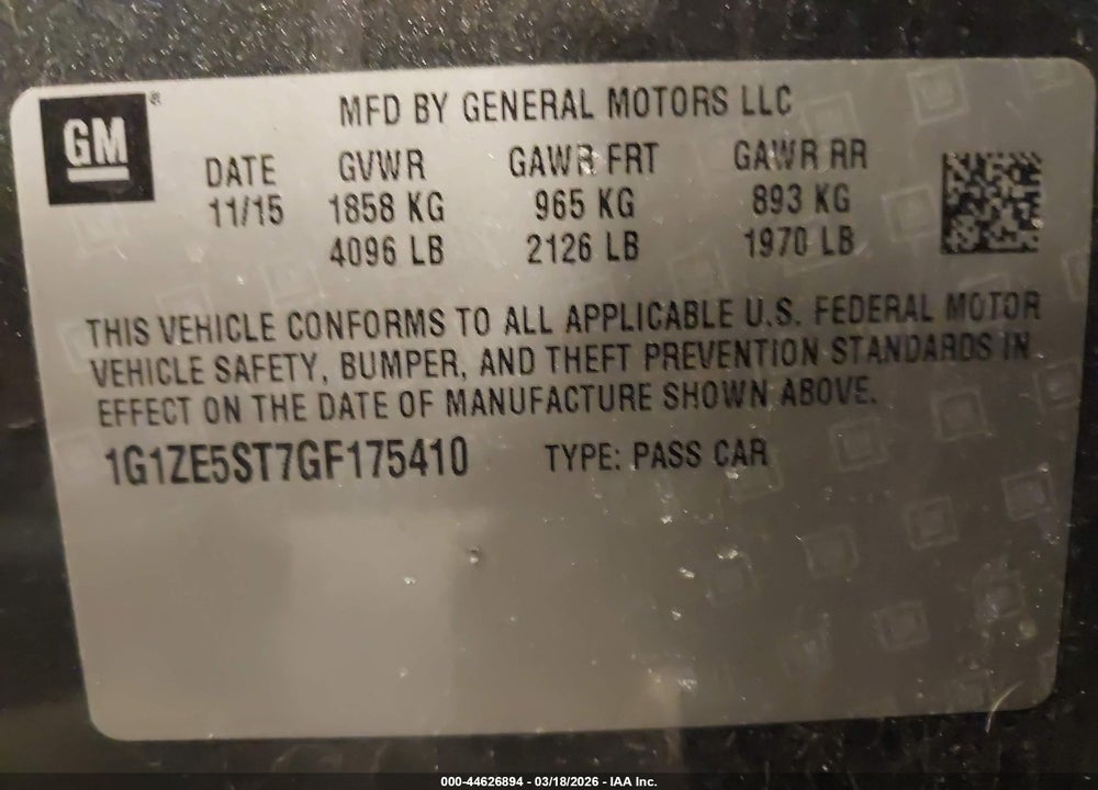 2016 CHEVROLET MALIBU 1LT VIN: 1G1ZE5ST7GF175410