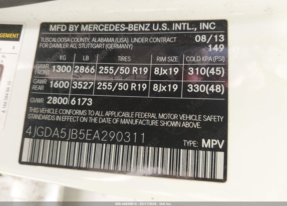 2014 MERCEDES-BENZ ML 350 VIN: 4JGDA5JB5EA290311