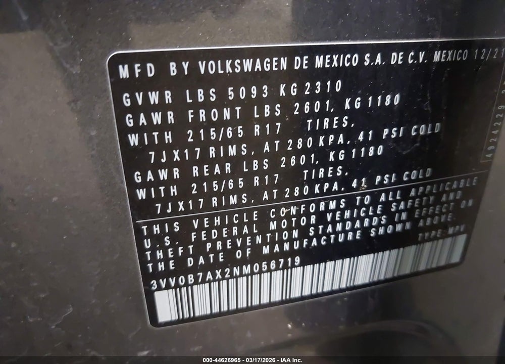 2022 VOLKSWAGEN TIGUAN 2.0T S VIN: 3VV0B7AX2NM056719