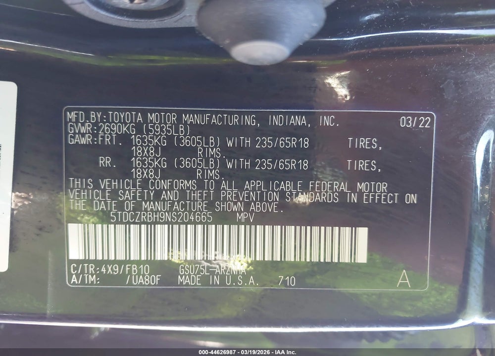 2022 TOYOTA HIGHLANDER L VIN: 5TDCZRBH9NS204665