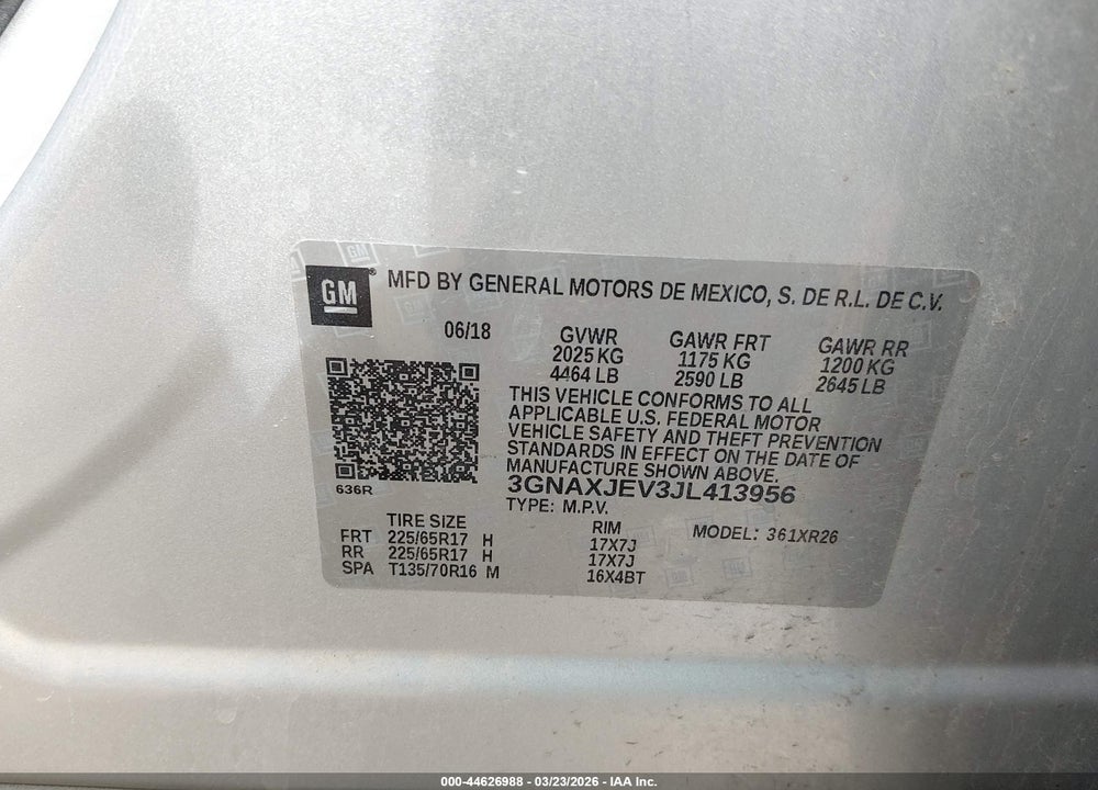 2018 CHEVROLET EQUINOX LT VIN: 3GNAXJEV3JL413956