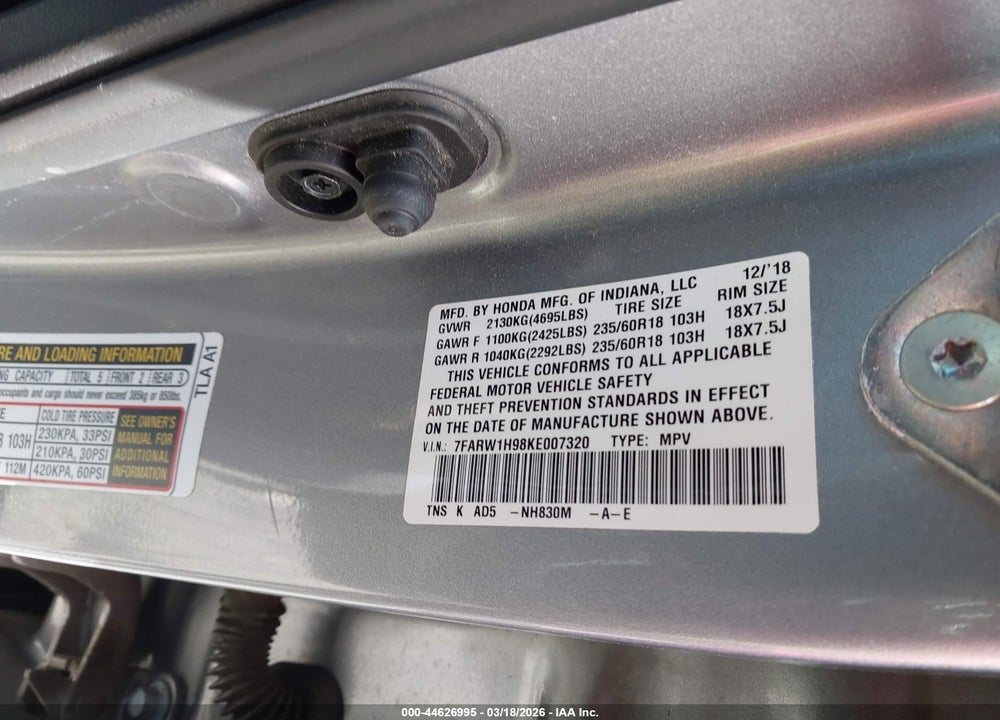 2019 HONDA CR-V TOURING VIN: 7FARW1H98KE007320