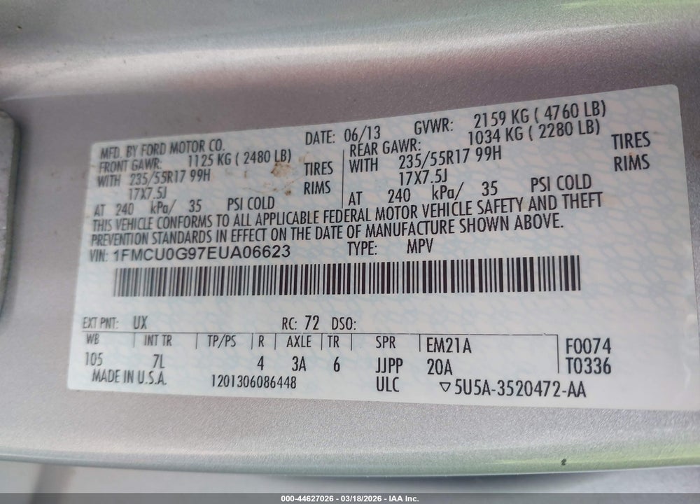 2014 FORD ESCAPE SE VIN: 1FMCU0G97EUA06623