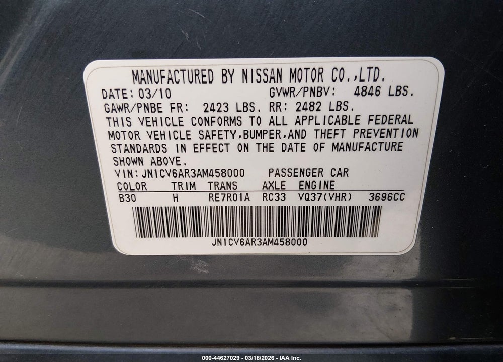 2010 INFINITI G37X VIN: JN1CV6AR3AM458000