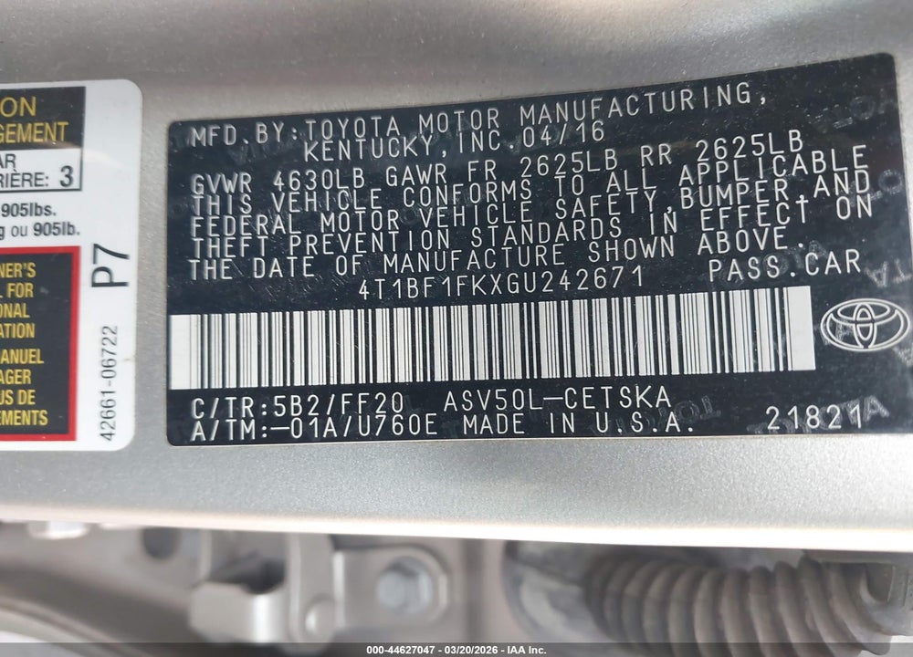 2016 TOYOTA CAMRY SE VIN: 4T1BF1FKXGU242671