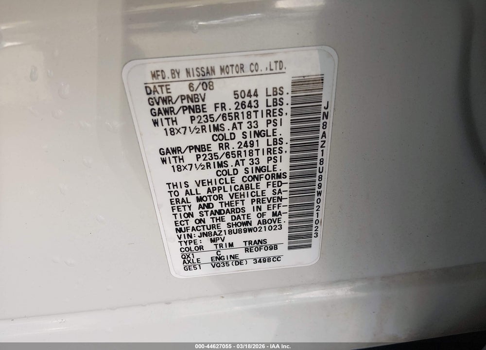 2009 NISSAN MURANO SL VIN: JN8AZ18U89W021023