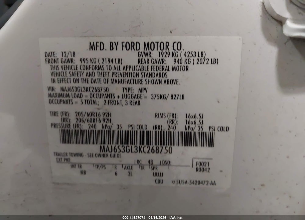 2019 FORD ECOSPORT SE VIN: MAJ6S3GL3KC268750