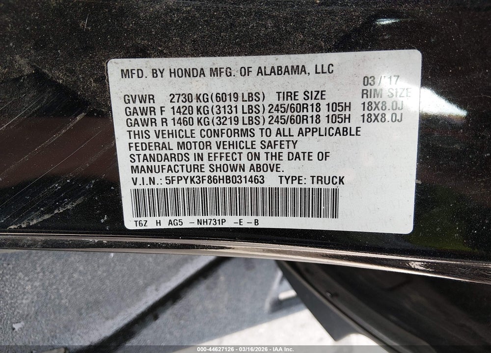 2017 HONDA RIDGELINE BLACK EDITION VIN: 5FPYK3F86HB031463