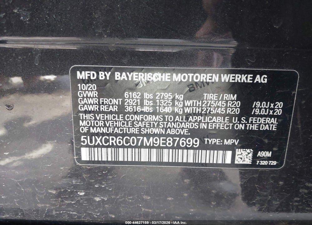 2021 BMW X5 XDRIVE40I VIN: 5UXCR6C07M9E87699