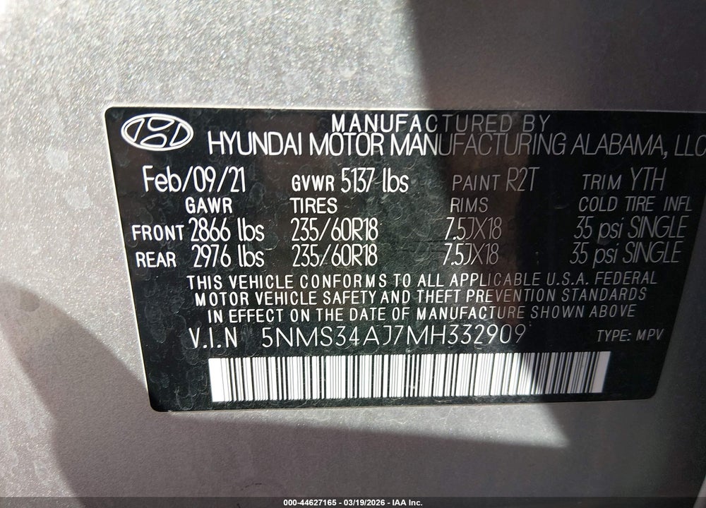 2021 HYUNDAI SANTA FE SEL VIN: 5NMS34AJ7MH332909