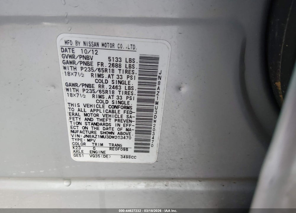 2013 NISSAN MURANO SL VIN: JN8AZ1MU3DW203470