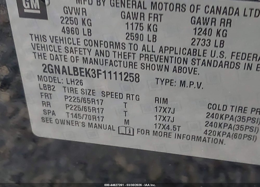 2015 CHEVROLET EQUINOX 1LT VIN: 2GNALBEK3F1111258