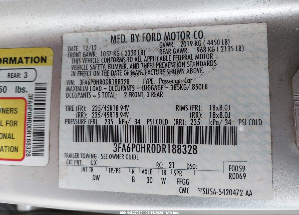2013 FORD FUSION SE VIN: 3FA6P0HR0DR188328