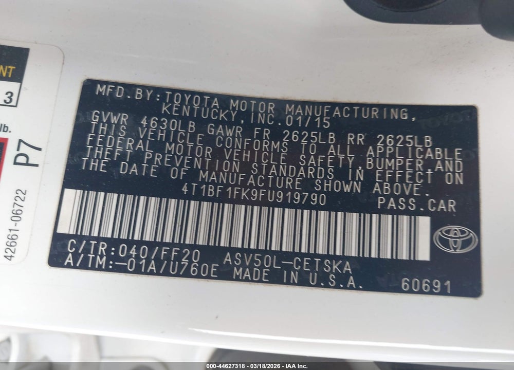 2015 TOYOTA CAMRY SE VIN: 4T1BF1FK9FU919790