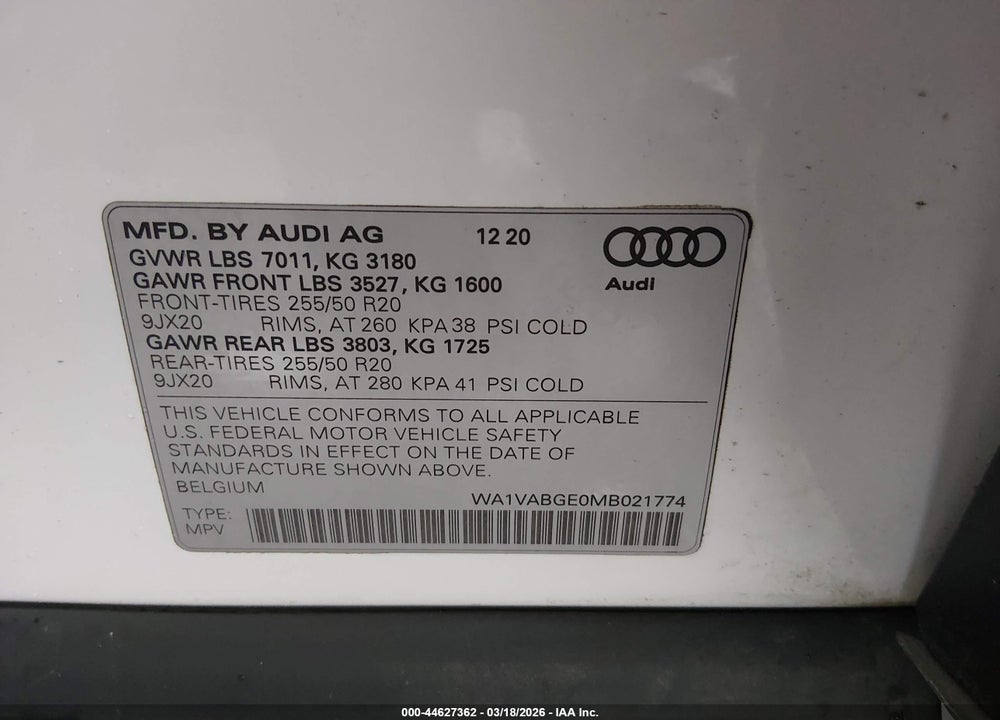 2021 AUDI E-TRON PRESTIGE QUATTRO VIN: WA1VABGE0MB021774