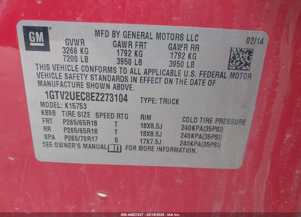 2014 GMC SIERRA 1500 SLE VIN: 1GTV2UEC8EZ273104