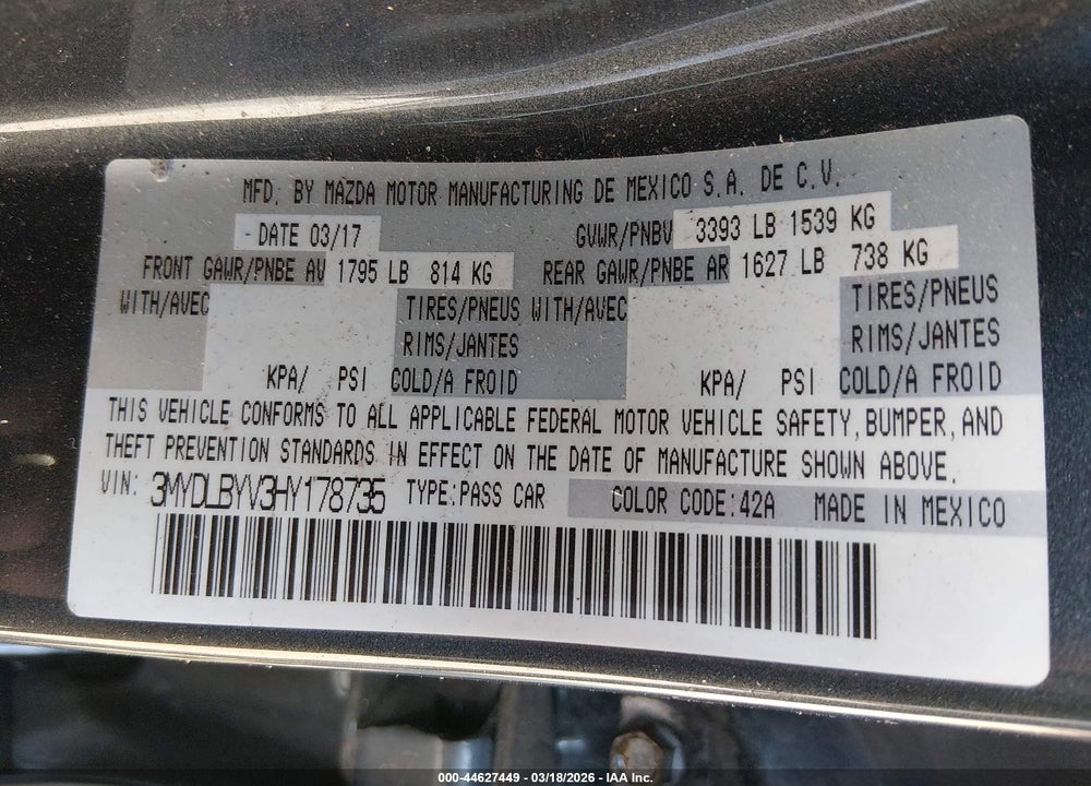 2017 TOYOTA YARIS IA VIN: 3MYDLBYV3HY178735