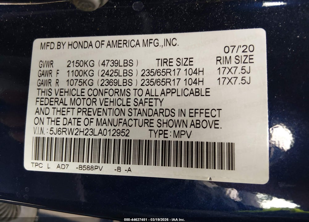 2020 HONDA CR-V AWD LX VIN: 5J6RW2H23LA012952