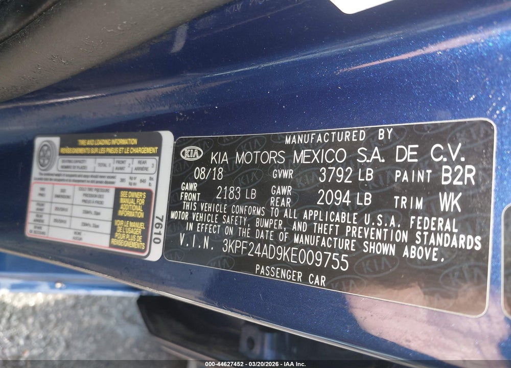 2019 KIA FORTE LXS VIN: 3KPF24AD9KE009755