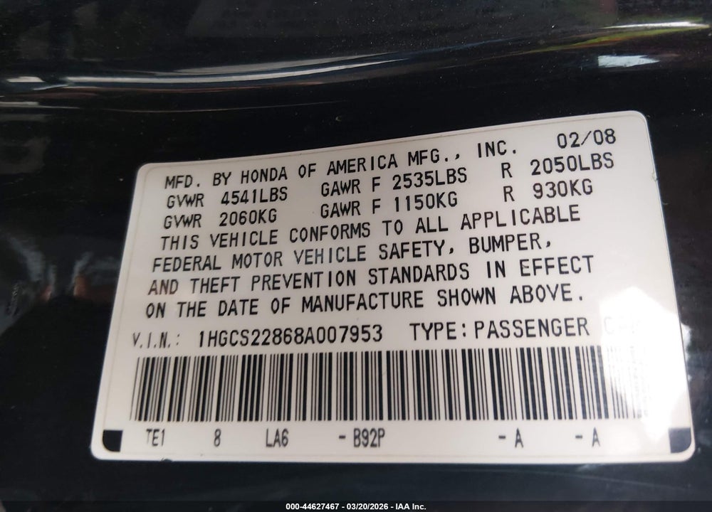 2008 HONDA ACCORD 3.5 EX-L VIN: 1HGCS22868A007953