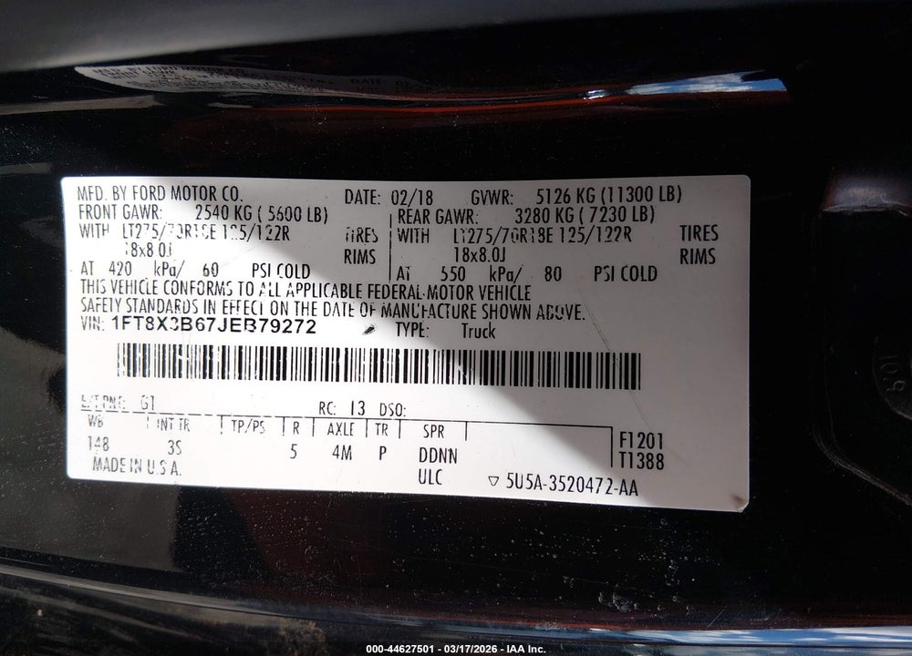 2018 FORD F-350 XLT VIN: 1FT8X3B67JEB79272