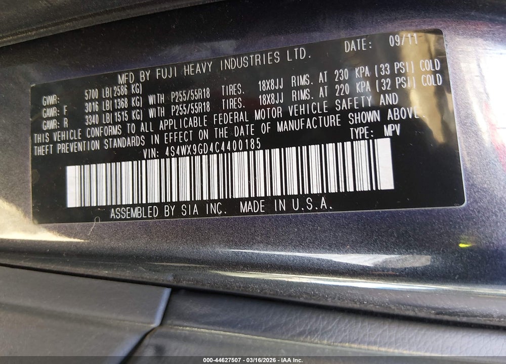 2012 SUBARU TRIBECA 3.6R LIMITED VIN: 4S4WX9GD4C4400185