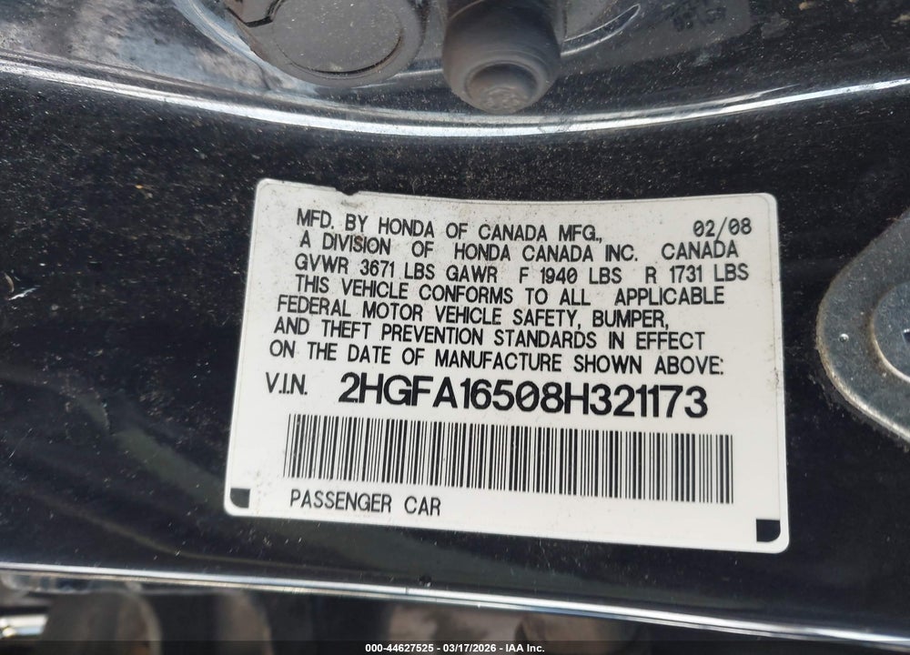 2008 HONDA CIVIC LX VIN: 2HGFA16508H321173