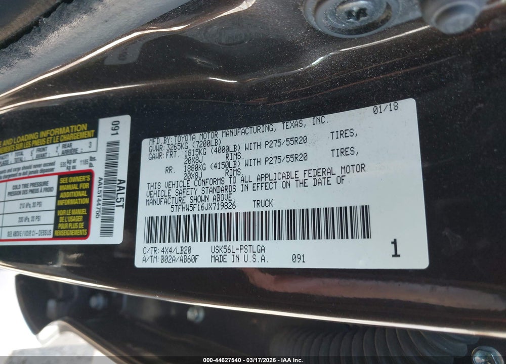 2018 TOYOTA TUNDRA LIMITED 5.7L V8 VIN: 5TFHW5F16JX719826