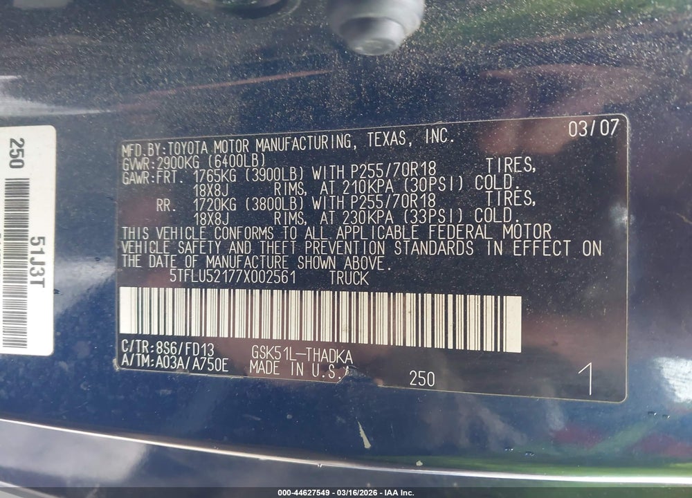 2007 TOYOTA TUNDRA BASE V6 VIN: 5TFLU52177X002561