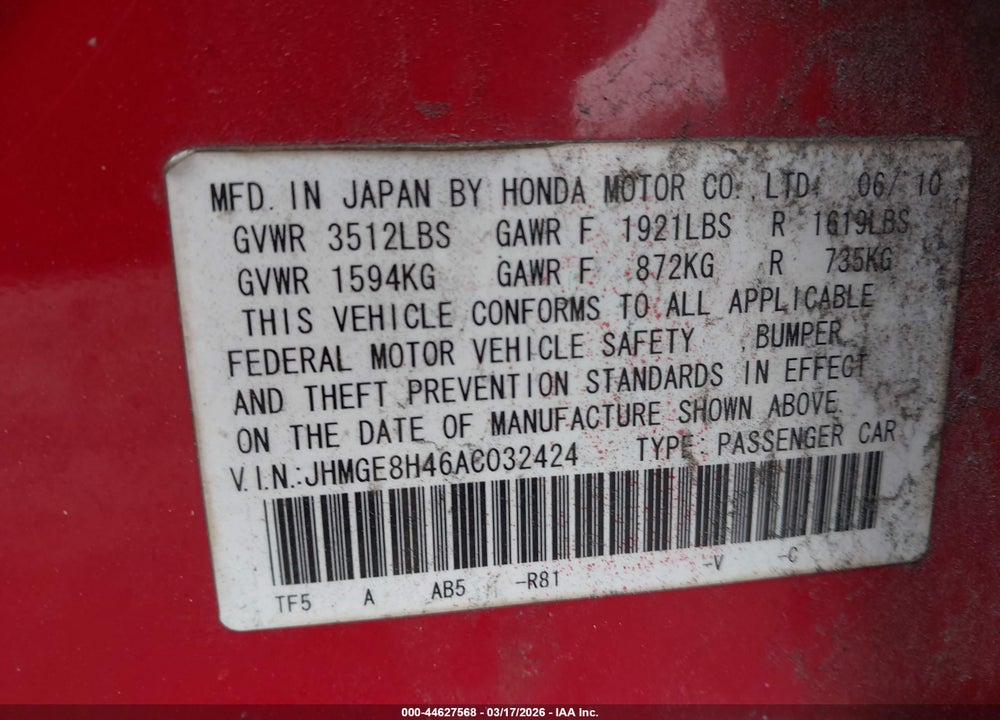 2010 HONDA FIT SPORT VIN: JHMGE8H46AC032424