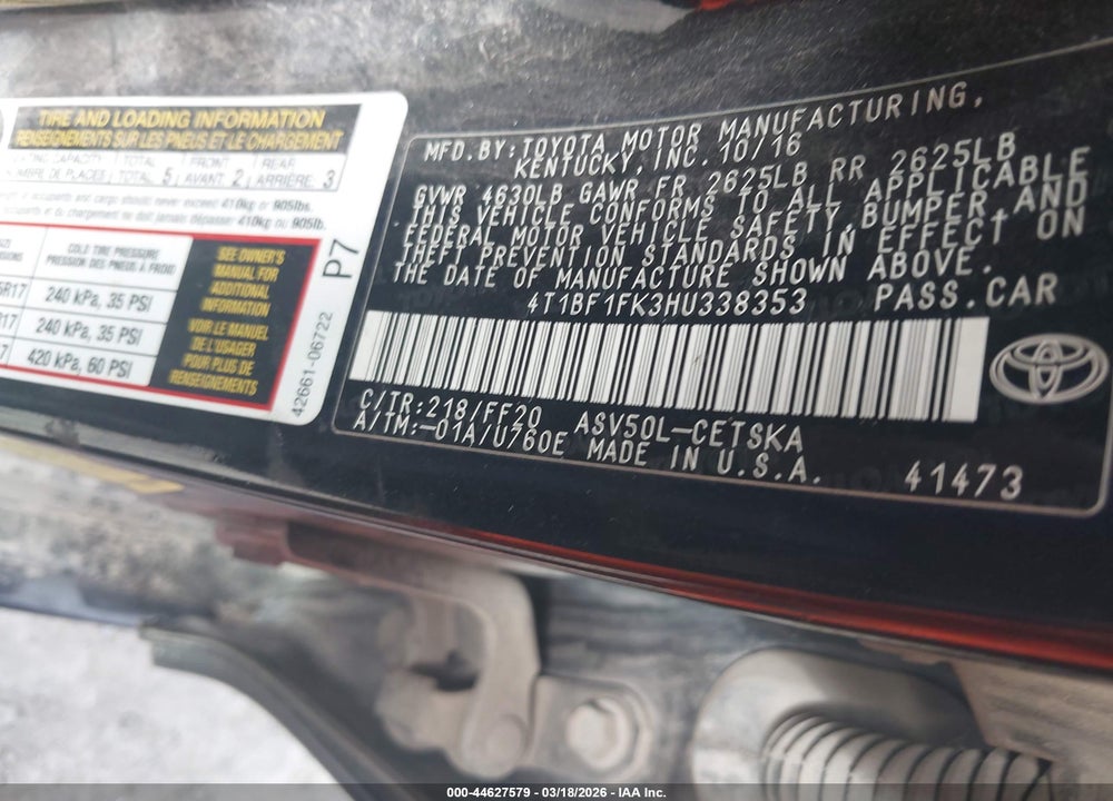 2017 TOYOTA CAMRY SE VIN: 4T1BF1FK3HU338353