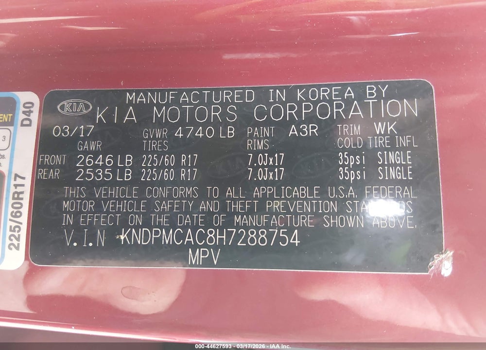 2017 KIA SPORTAGE LX VIN: KNDPMCAC8H7288754