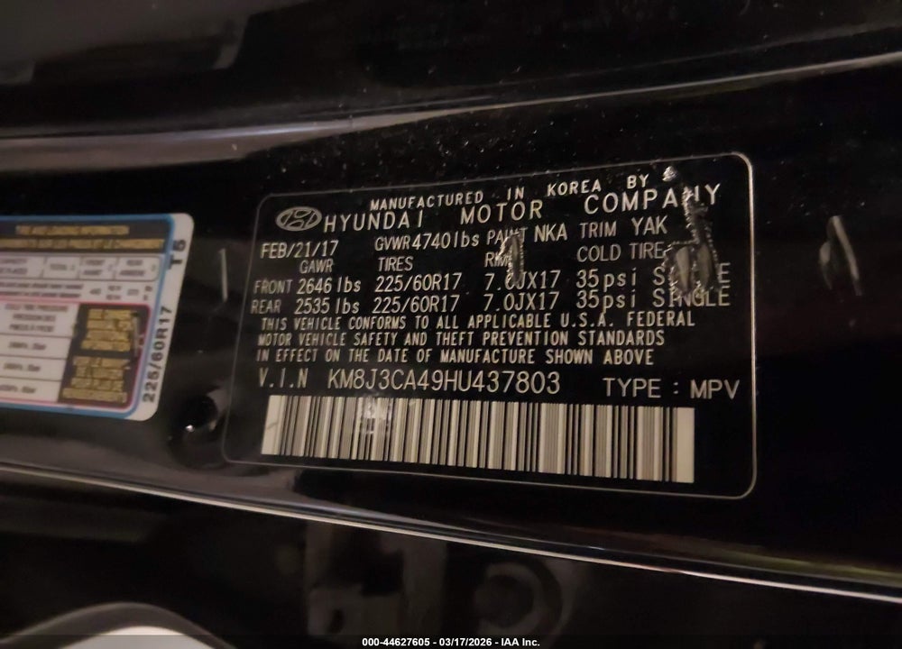 2017 HYUNDAI TUCSON SE PLUS VIN: KM8J3CA49HU437803