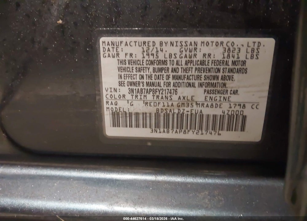 2015 NISSAN SENTRA SV VIN: 3N1AB7AP8FY217476