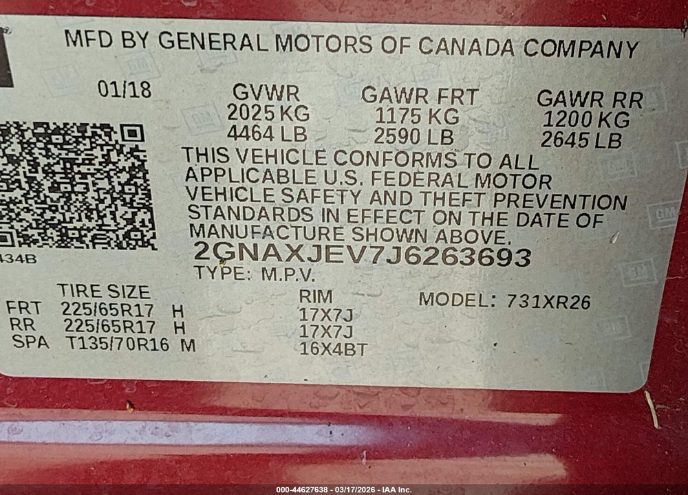 2018 CHEVROLET EQUINOX LT VIN: 2GNAXJEV7J6263693