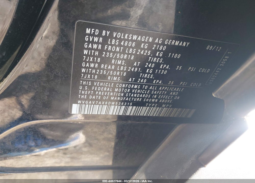 2013 VOLKSWAGEN TIGUAN SE VIN: WVGAV7AX6DW536315