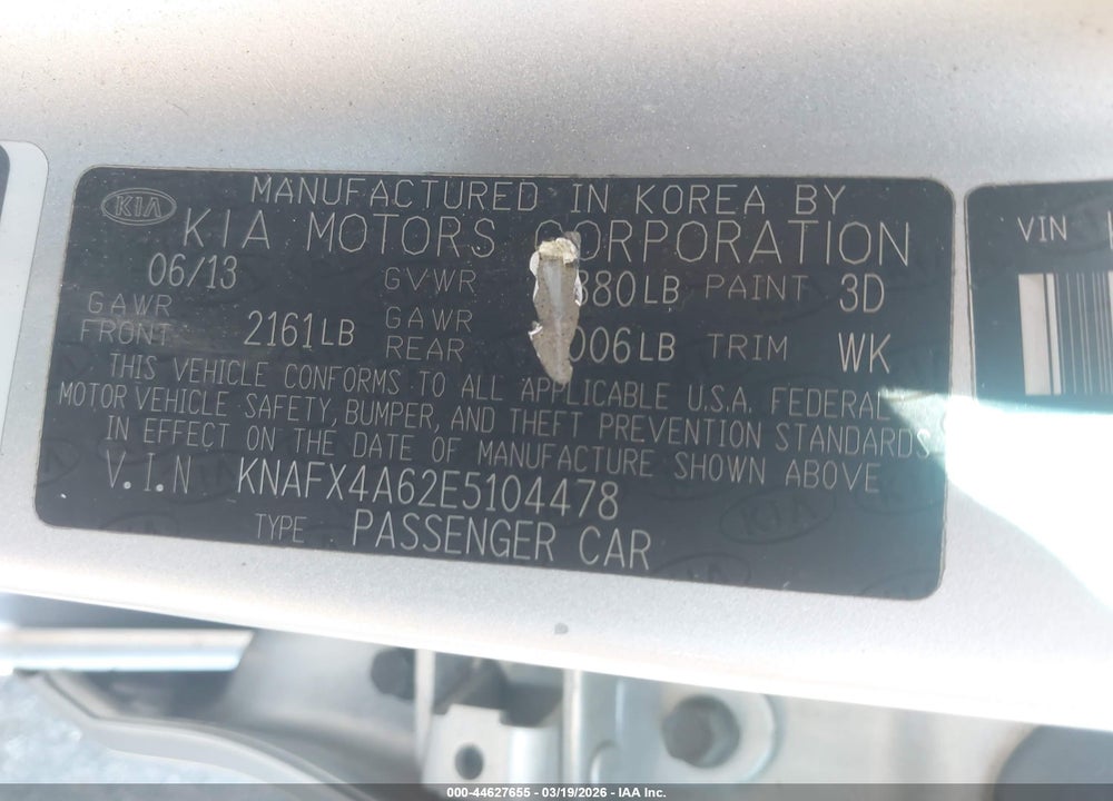 2014 KIA FORTE LX VIN: KNAFX4A62E5104478