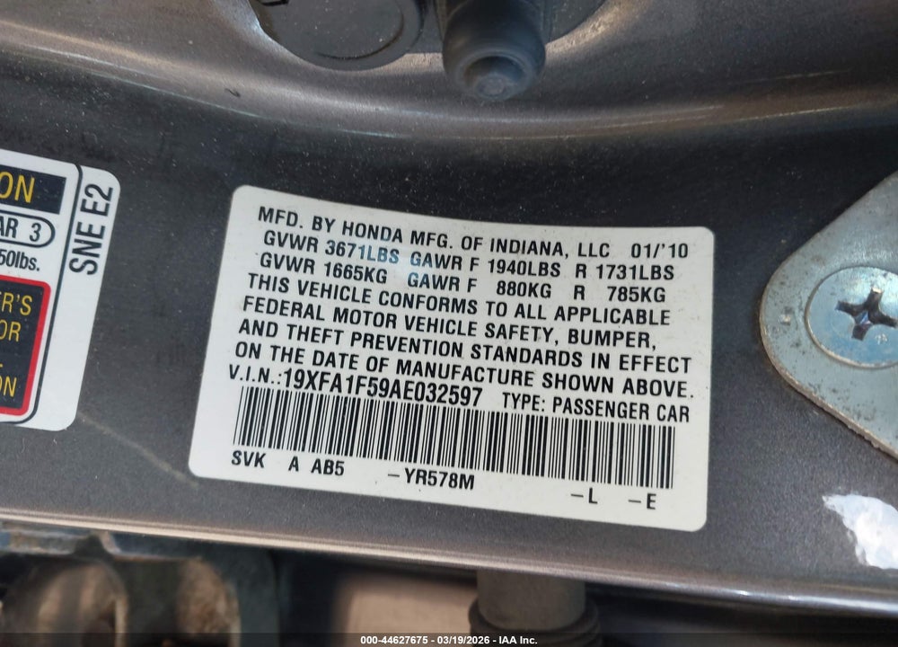 2010 HONDA CIVIC LX VIN: 19XFA1F59AE032597