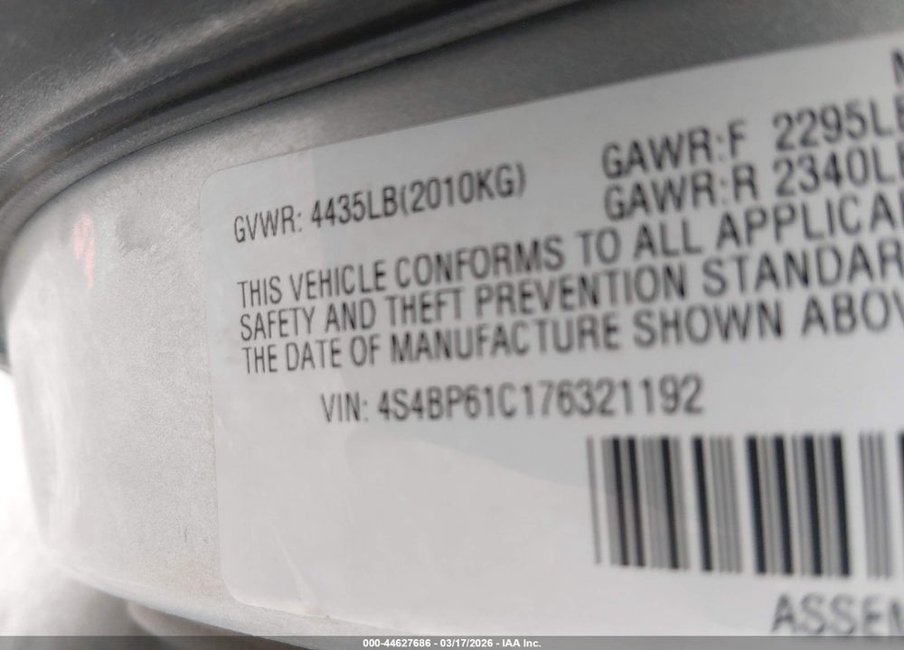 2007 SUBARU OUTBACK 2.5I BASIC VIN: 4S4BP61C176321192