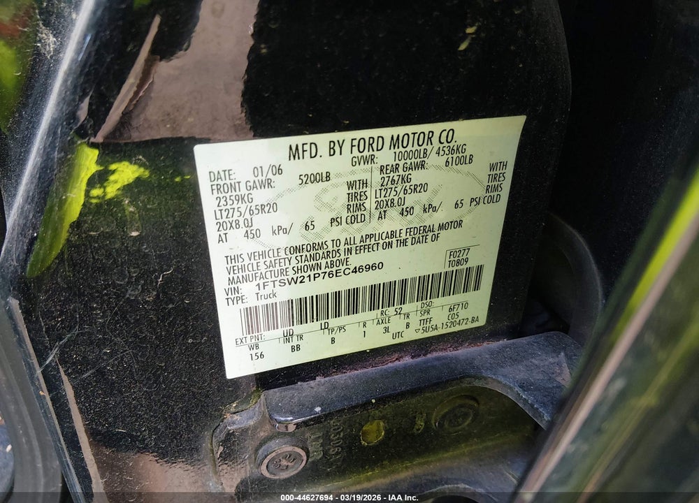2006 FORD F-250 LARIAT/XL/XLT VIN: 1FTSW21P76EC46960
