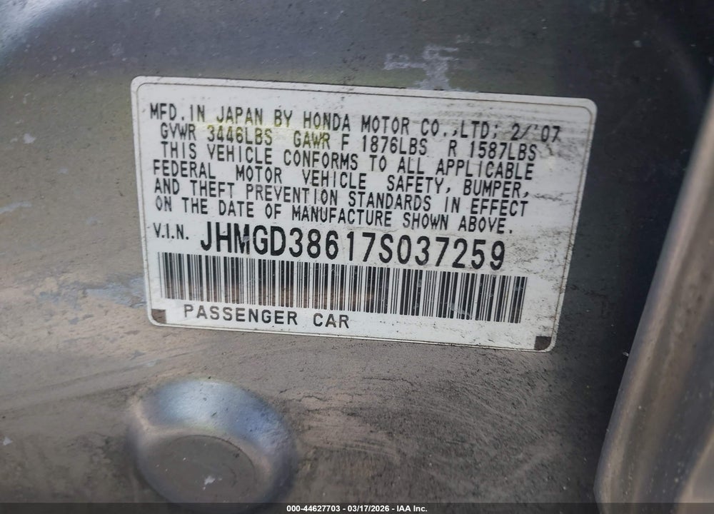 2007 HONDA FIT SPORT VIN: JHMGD38617S037259