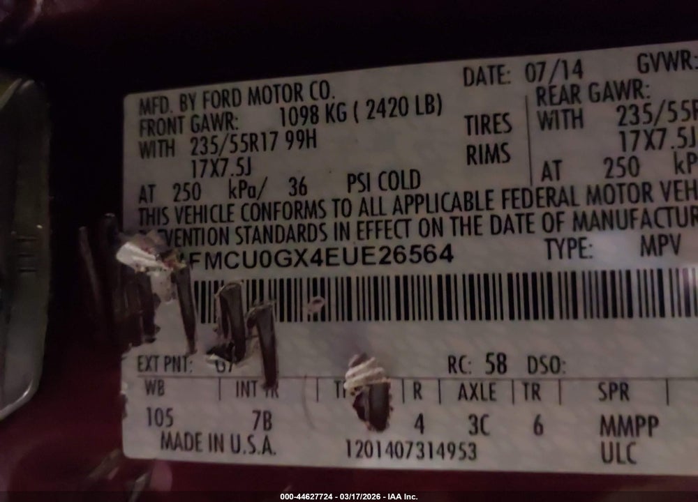2014 FORD ESCAPE SE VIN: 1FMCU0GX4EUE26564