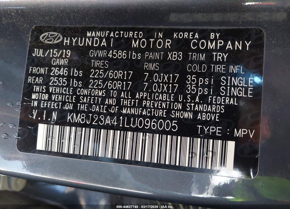 2020 HYUNDAI TUCSON SE VIN: KM8J23A41LU096005