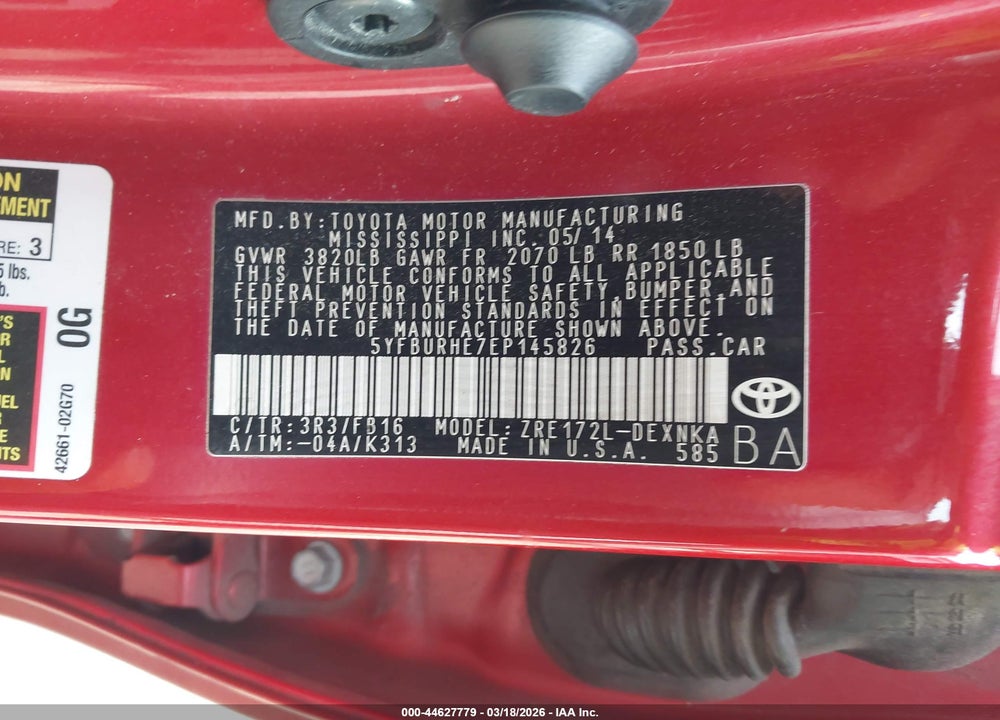 2014 TOYOTA COROLLA LE VIN: 5YFBURHE7EP145826