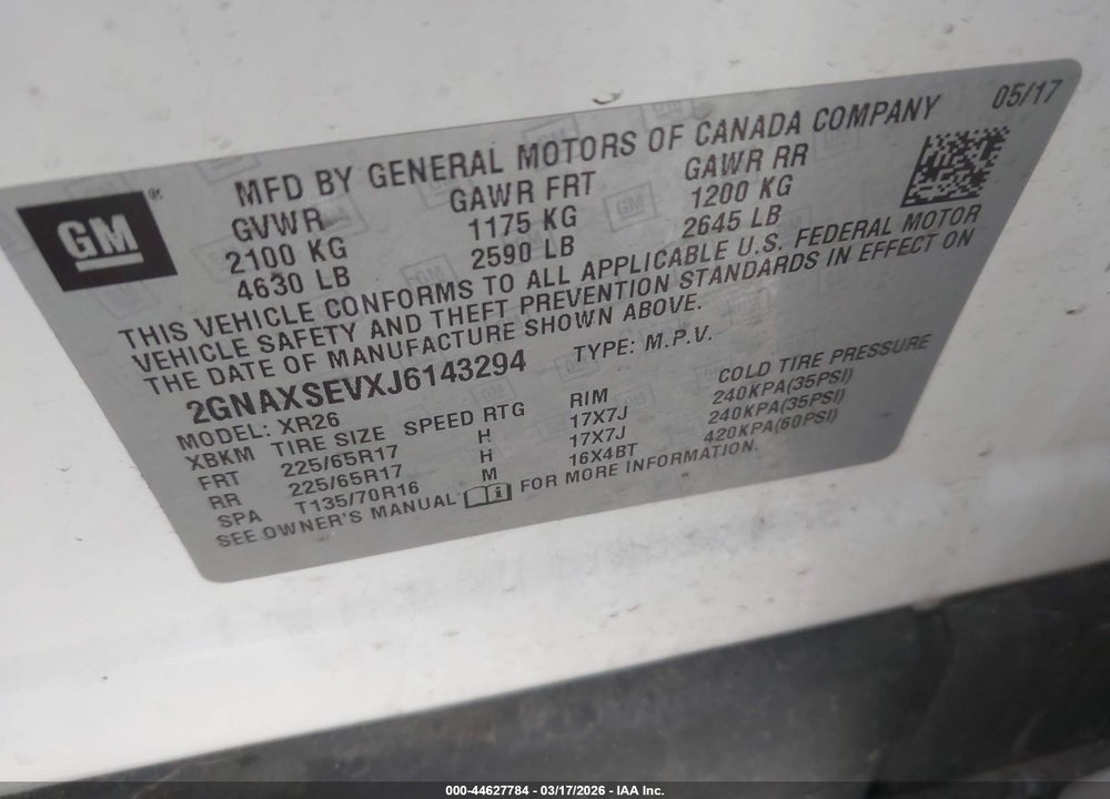 2018 CHEVROLET EQUINOX LT VIN: 2GNAXSEVXJ6143294