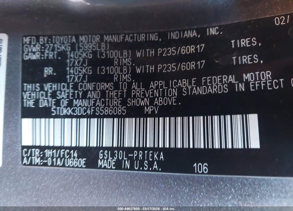 2015 TOYOTA SIENNA LE 8 PASSENGER VIN: 5TDKK3DC4FS586085